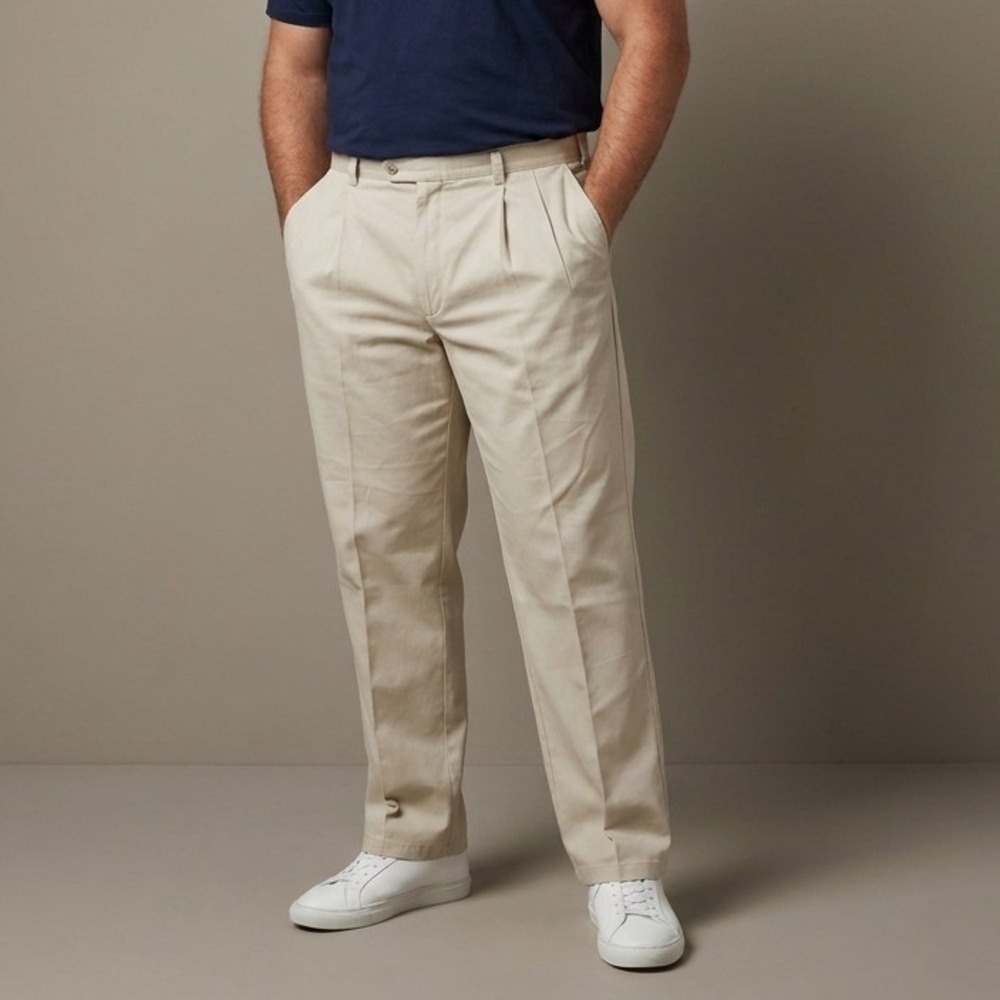 TOMMY HILFIGER Mens Khaki Relaxed Fit Pleated Chinos 36X34 Basic Comfy Soft